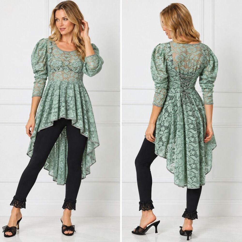 Pyramid Collection Lace High-Low Top Green Puff Sleeve Corset Back boho Womens S